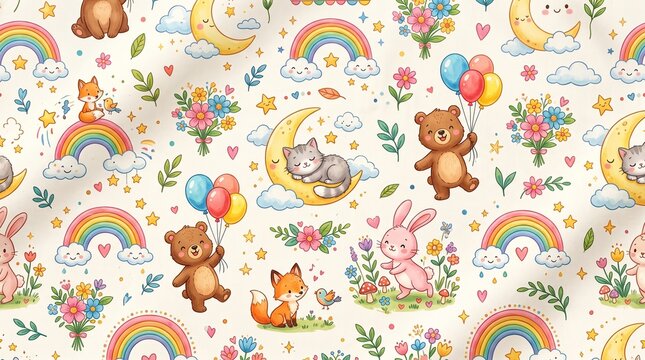 Cute Pastel Nursery Seamless Pattern With Teddy Bear Balloons Cat Sleeping On Moon Rainbow Bunny Fox Flowers