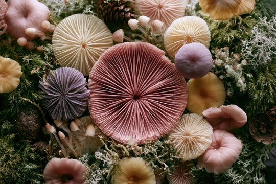 Pastel mushrooms and moss creating a whimsical natural texture
