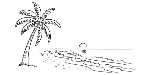 Simple line art drawing of a tropical palm tree on a sandy beach with a sunset sun over the ocean waves in a minimalist hand drawn sketch style isolated on transparent background, Vector © Vector Line King
