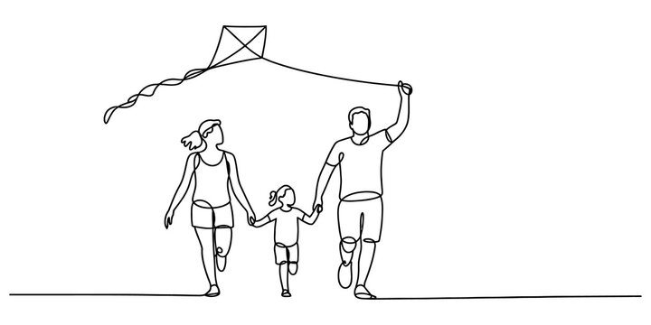 Happy family with mother father and daughter running together and playing with a kite in a continuous single line drawing style illustration isolated on transparent background, Vector
