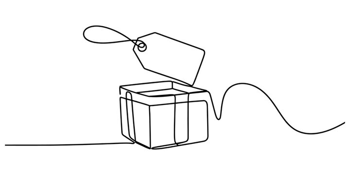 Continuous single line drawing of a gift box with a price tag attached for shopping sales and holiday celebration themes isolated on transparent background, Vector
