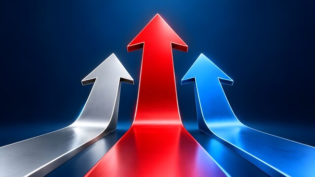 Three metallic arrows pointing upwards one red one silver one blue symbolizing growth progress and competition against a dark blue background.