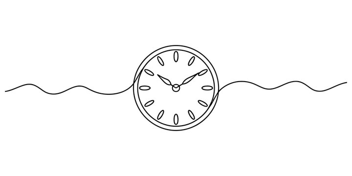 Continuous single line drawing of a wall clock with a wavy horizontal line showing time concept for business and productivity planning and management isolated on transparent background, Vector