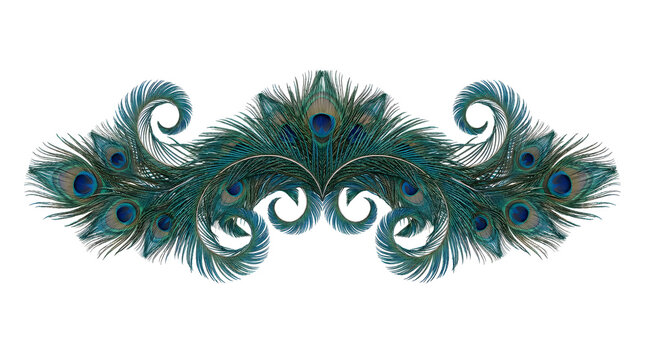 Vintage Peacock Feather Border Design, Ornamental Emerald Green Vignette Header, Elegant Feathered Swirl Frame Motif
