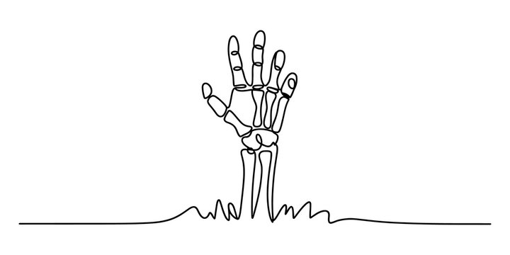 Continuous single line drawing of a human skeleton hand reaching up from the ground isolated on transparent background, Vector
