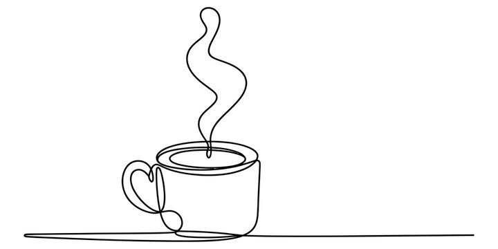 Continuous single line drawing of a steaming coffee cup or tea mug representing a warm morning drink beverage concept in a simple minimalist art style isolated on transparent background, Vector
