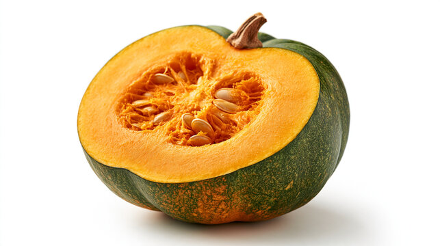 Half of a green and orange kabocha squash with visible seeds cut squash winter squash