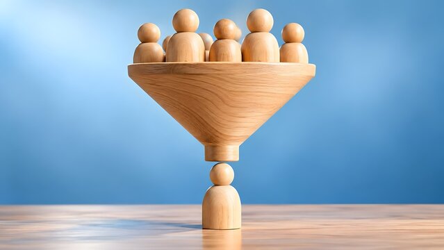 Wooden funnel with small wooden figures representing people passing through symbolizing sales or recruitment funnel lead generation or customer journey.