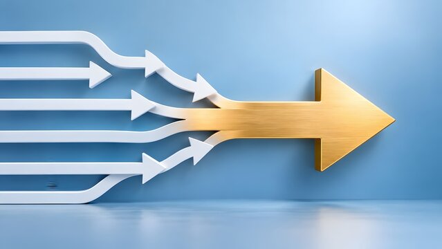 Multiple white arrows converging into a single large golden arrow symbolizing unity success and a unified direction towards a common goal.