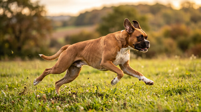 Boxer dog happily running in a grassy field during sunset  