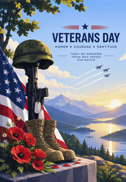 Veterans Day patriotic tribute with military helmet, combat boots, American flag and poppy memorial