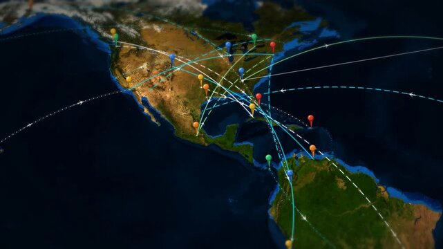 North America air traffic route map with pinned airport locations
