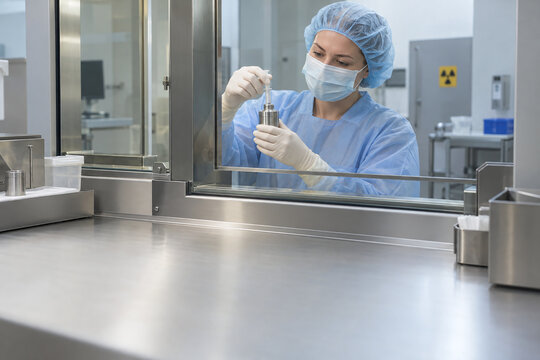 Nuclear Medicine Technologist Preparing Shielded Syringe in Hot Lab