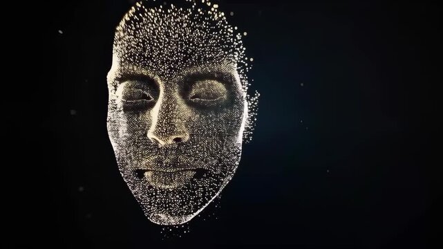 Digital human profile face formed from glowing particles in dark space