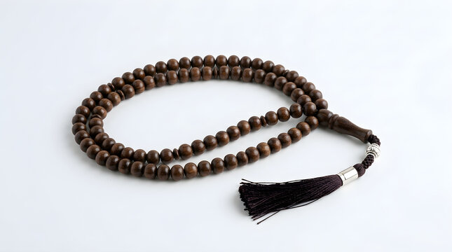 Wooden Islamic prayer beads with tassel on white background, traditional brown tasbih rosary, religious meditation beads for Ramadan prayer