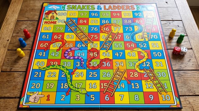 Snakes and Ladders board game on a wooden table with dice and pieces