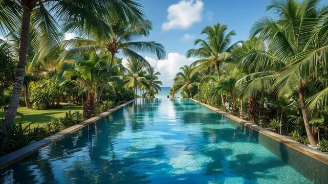 Tropical Infinity Pool with Palm Trees, Blue Water, Ocean Horizon Garden View