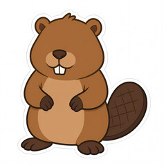 Fototapeta premium Cute Cartoon Beaver Vector Illustration of a Friendly Brown Rodent Character in a Standing Pose Isolated on White Background with a Sticker Style Outline and Flat Tail Design