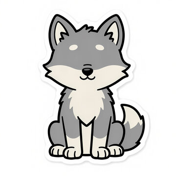 Cute Vector Illustration of a Little Grey Wolf Pup Sitting Peacefully with a Smile, Adorable Cartoon Animal Character Sticker Design Isolated on White Background for Kids and Crafts
