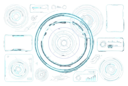 Futuristic user interface displays holographic sci fi technology elements and circular dashboard monitors.