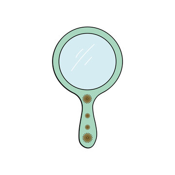 Hand mirror with star decorations performing beauty routine in isolated graphic element with copy space