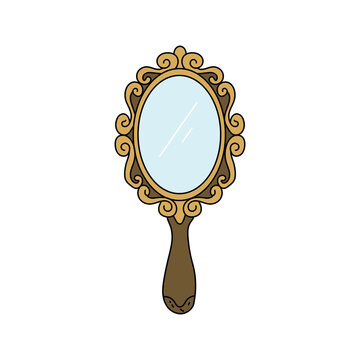 Vintage hand mirror with gold frame graphic element on transparent background