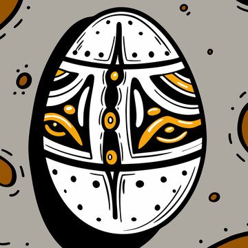 ไข่อีสเตอร์วาดมือลายกราฟิกขาวดำแทรกสีทอง,Hand-drawn patterned Easter egg in black, white, and gold.