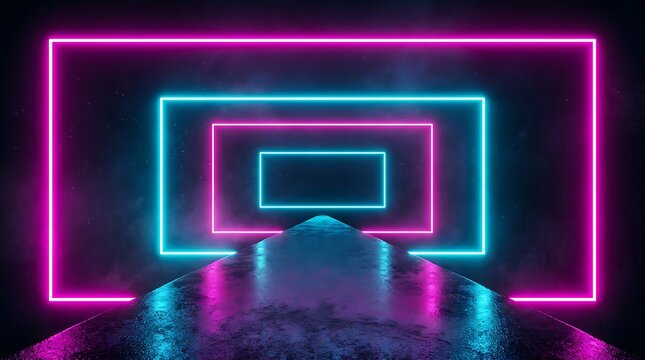 A series of vibrant pink and blue neon rectangles form a glowing futuristic tunnel or pathway perspective