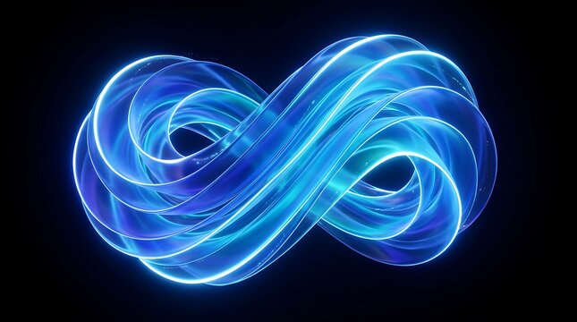 Abstract blue infinity symbol with swirling light trails against a dark background representing endless possibilities