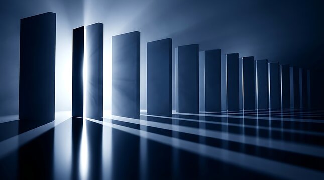 An abstract view inside a server room featuring dark computer servers in long rows with vibrant glowing blue light reflections