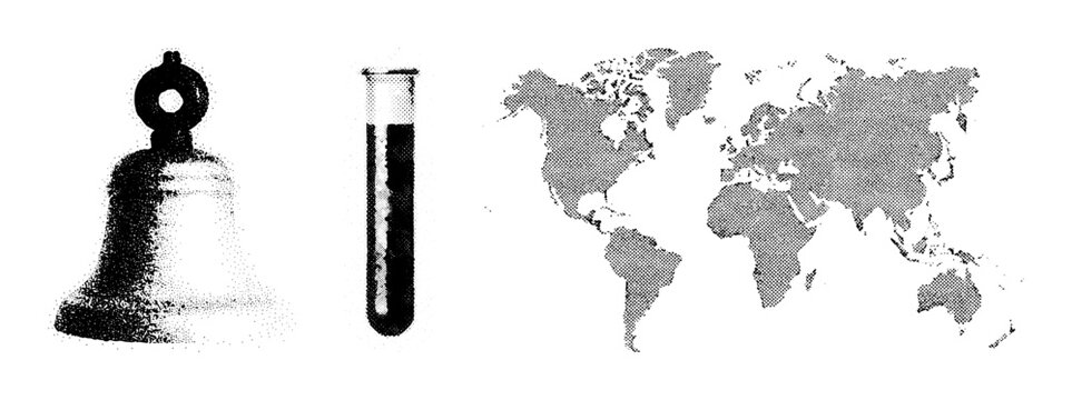 Monochrome Retro Icon Set with Stippled Bell Lab Test Tube and Halftone World Map Vector Illustration