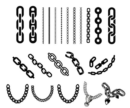 Black chain link styles and connectors in minimalist vector illustration