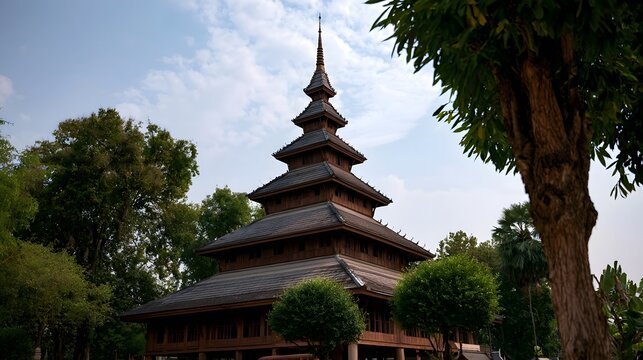 A traditional multi tiered wooden pagoda with steeply sloped roofs  surrounded by lush green trees under a partly cloudy sky