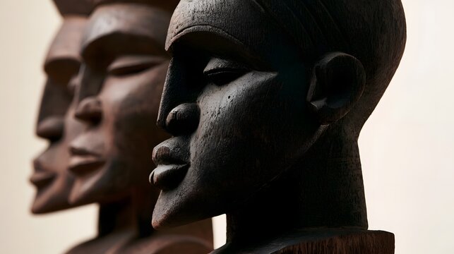Three wooden carved heads in profile  showcasing traditional African ry with smooth textures and serene expressions
