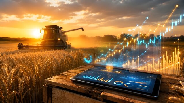 Smart Agriculture Crop Yield Growth Analytics On Digital Tablet In Wheat Field