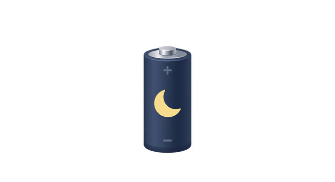 Create a unique professional microstock icon combining a rechargeable battery with a subtle sleeping concept. Design a modern battery with a small crescent-shaped sleep indicator integrated into its s