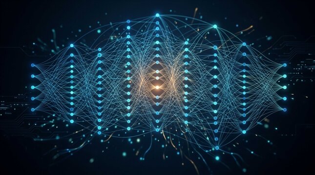 Neural network structure visualization displaying connected data nodes representing artificial intelligence and advanced machine learning algorithms