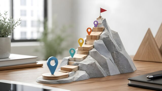 Miniature Mountain Peak With Stairs And Location Pins Representing Business Journey And Roadmap