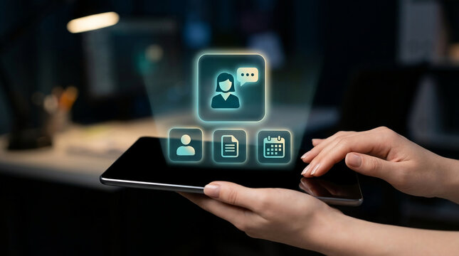 Close up of hands using digital tablet with futuristic glowing holographic icons for customer service, human resources and business communication