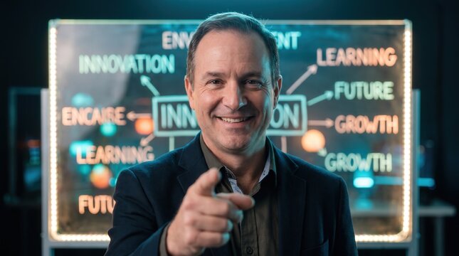 Smiling businessman pointing at camera with glowing innovation and growth board background, capturing inspirational leadership and professional development for recruitment marketing.