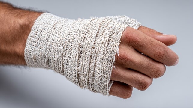 Adult patient hand immobilized in orthopedic cast for follow-up treatment in a medical facility
