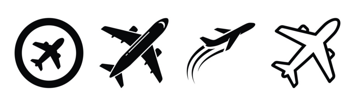 Airplane icon, takeoff logo vector, black aircraft pictogram set, flying plane silhouette graphic, airport airline jet symbol, circle sign design.
