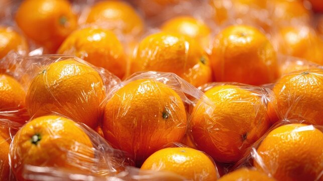 Vacuum packed oranges displayed for retail inventory in a market setting