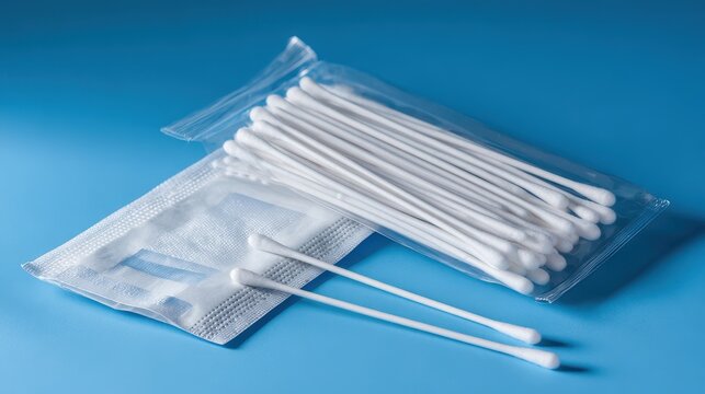 Medical cotton swabs in sealed packaging for clinical hygiene ready for use in healthcare settings