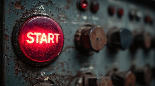 Glowing red start button on an old weathered machine in a workshop setting