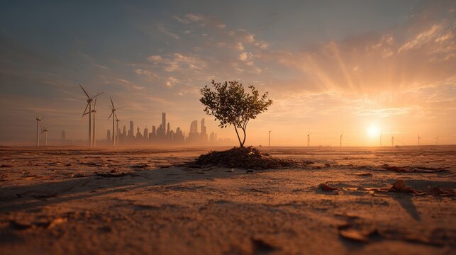 Hopeful lone tree sprouts in arid landscape with wind turbine in view during sunset near a distant city skyline