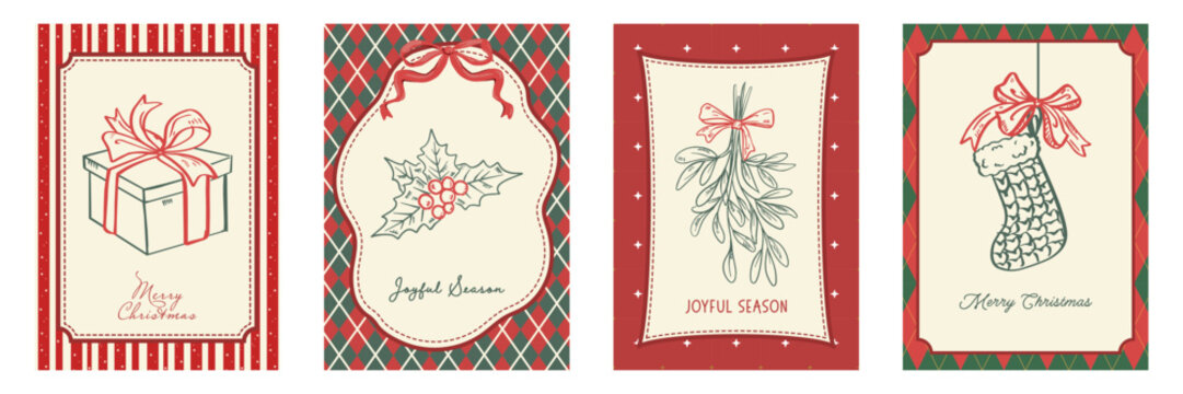 Set of four vintage Christmas cards with gifts, holly, mistletoe and stocking. can be used for holiday greeting and festive invitation card.  vector illustration