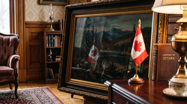 Canadian flag, flag reflection, antique room flag, Canadian Flag Reflected in Framed Glass Painting inside Antique Wooden Room Warm Tone Canada, canadian flag, reflection, glass, painting, frame