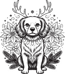 Obraz premium Cute French Bulldog Wearing Reindeer Antlers Christmas Holiday Line Art Illustration