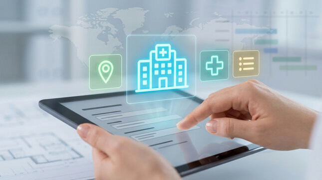 Professional doctor or architect using a digital tablet for global hospital planning and healthcare management with holographic icons and blueprints.